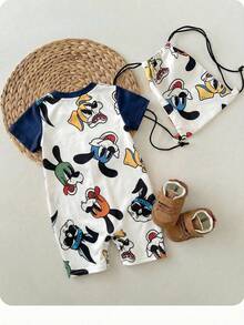 SHEIN Bộ áo liền quần tay ngắn in hình động vật hoạt hình dễ thương, thoải mái cho bé trai, phối màu, thích hợp mặc trong nhà, ngoài trời, hàng ngày, thể thao, vui chơi, dự tiệc, chụp ảnh, kỳ nghỉ, lễ hội, mùa xuân/hè. - Nhiều màu - Xem 3