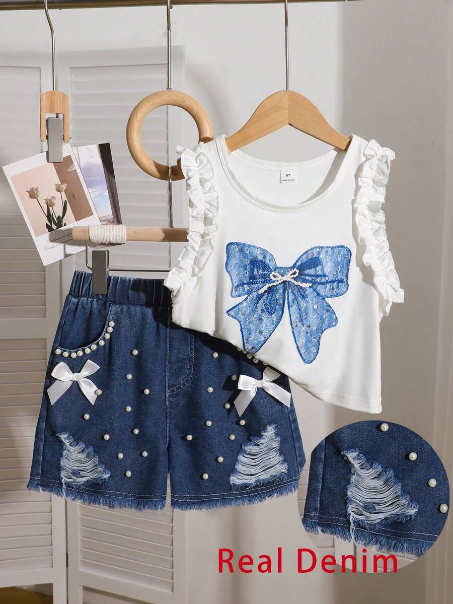 Sparklyn 两件套春夏少女正式甜美可爱纹理面料刺绣花卉图案上衣搭配牛仔流苏短裤套装，适合日常、休闲、度假、朋友聚会等场合。 - 藍白色 - 查看 1