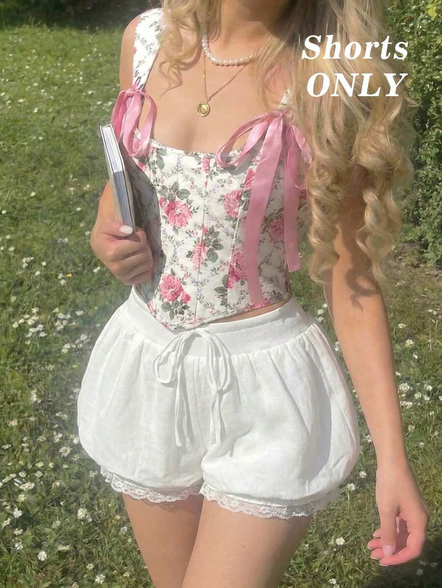 Skyraze Women's Summer White Lace Patchwork Bubble Shorts,Cute Bloomers Ruffle Shorts,Casual Picnic Tea Party Carnival Costume Vacation Shorts - White - View 1
