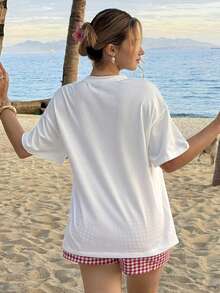 MainGRL Strawberry Print T-Shirt & Plaid Shorts Casual Loungewear Set - Red - View 2