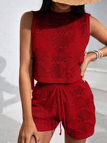 EURMUSE 女士镂空短裤和上衣套装 - 紅色 - 查看 6