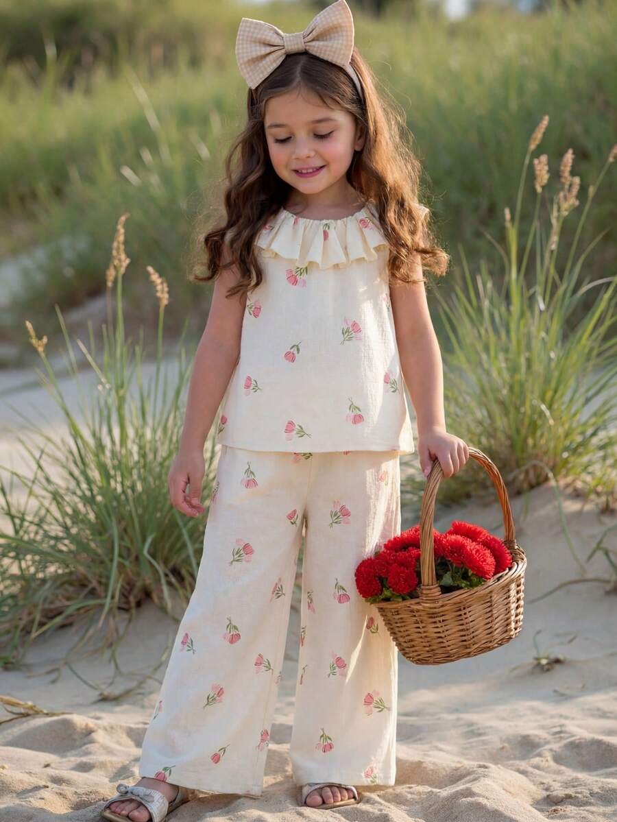 Emery Rose Kids Emery Rose Kids Conjunto de 2 piezas con top con volantes y estampado floral pequeño, y pantalones de ajuste holgado para niña joven - Caqui - Ver 1