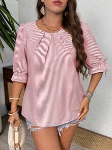 EMERY ROSE Striped Round Neck Cuff Tie Back Decor Button Plus Size Shirt - Red - View 3