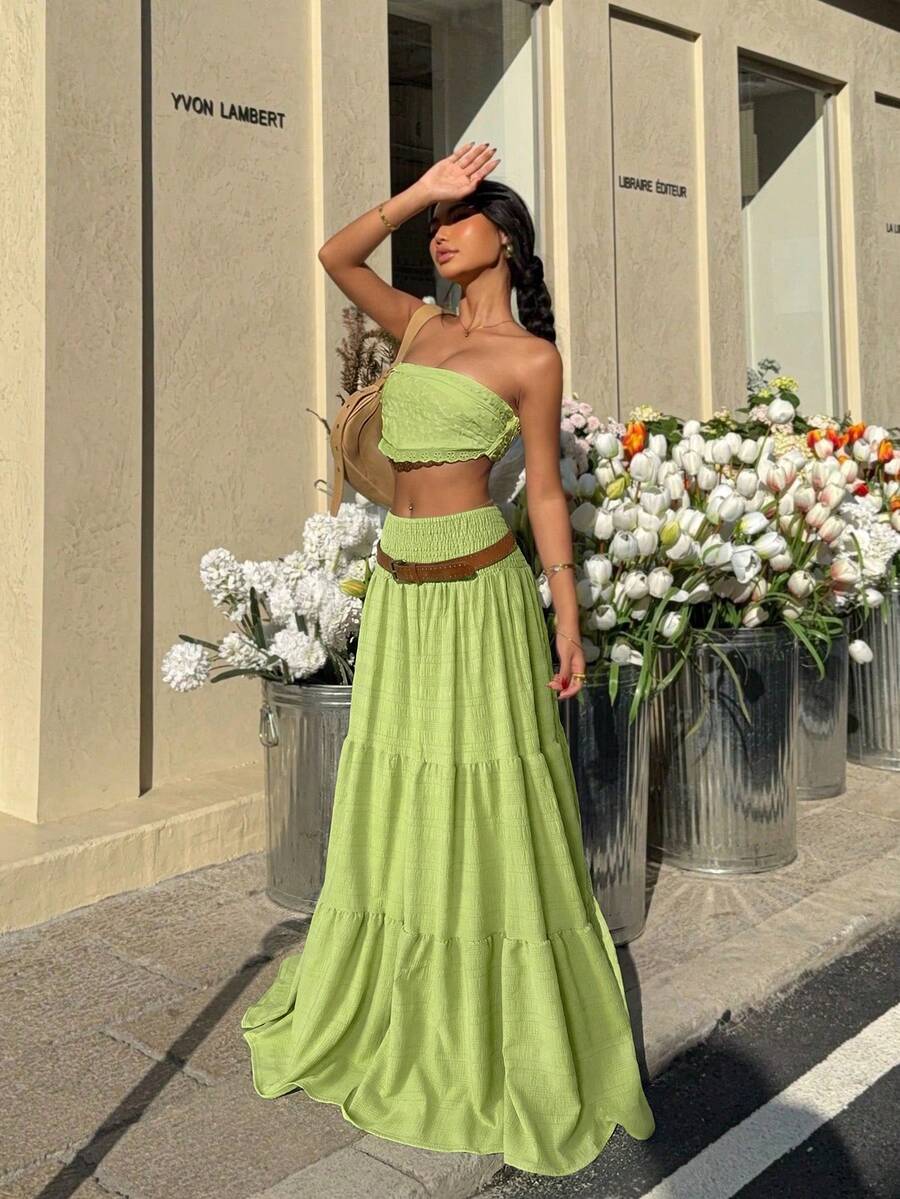 MainGRL Women's Solid Color Textured Fabric High Waist Tiered Hem Skirt, Suitable For Spring, Summer And Autumn Beach/Holiday, Does Not Include Belt - Green - View 1