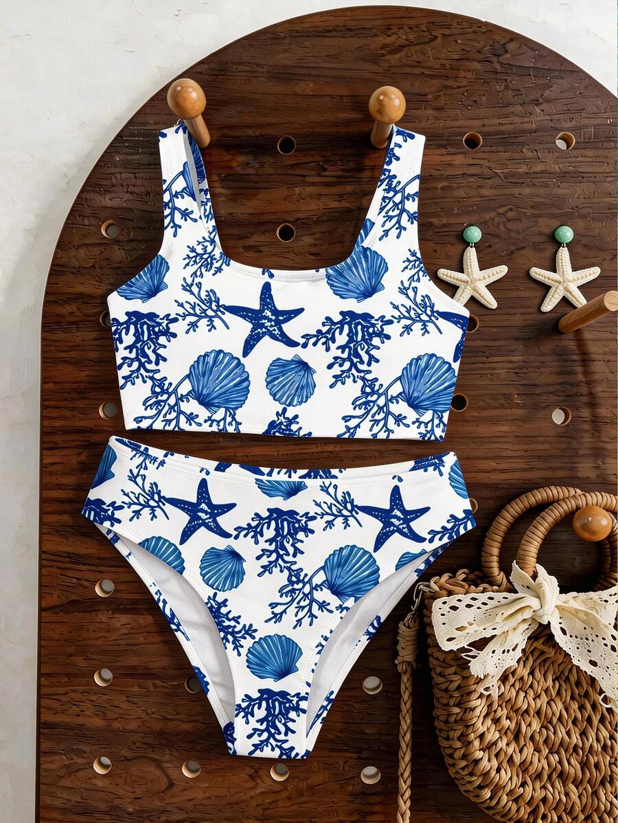 清新蓝色贝壳和海洋生物印花少女休闲简约吊带泳衣套装,适合夏季穿着 - 彩色 - 查看 1