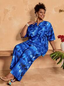 EMERY ROSE Plus Size Women's Tie-Dye Blue 2 Pieces Set,Short Sleeve Top And Wide Leg Pants,Summer Boho Vacation Holiday Outfits,Casual Bohemian Festival Clothes - Multicolor - View 3