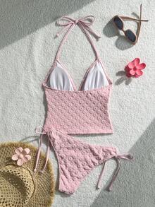 Swim Mod Women's Spring/Summer Jacquard Fabric Spaghetti Strap Drawstring Camisole Bikini Top - Pink - View 4