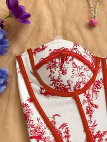 Soleia Damen Retro Blumen Kontrast Farbige Kurze Bluse, Vintage Bustier Korsett Top, geeignet für Party, Boho, Urlaub, Herbst - Rot-Weiß - Übersicht 6