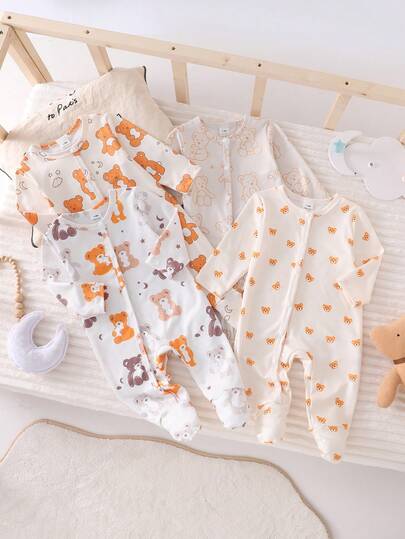 4pcs Newborn Bear Pattern Khaki Long Sleeve Footed Jumpsuit Pajamas Set