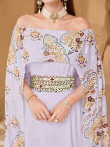 Layrah Elegant Floral Decor Women's Cinched Waist Flattering Midi Dress - Mauve Purple - View 4
