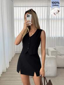 Easowa Women's Solid V-Neck Button Front Vest And Split Hem Skirt 2 Pieces Set - Black - View 2