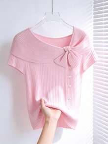 SHEIN Clasi 女士纯色打结优雅短袖T恤，夏季 - 粉色 - 查看 3