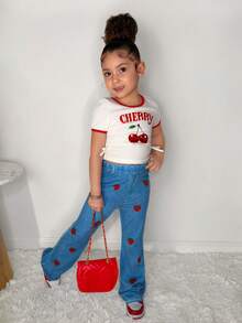 SHEIN 2pcs/Set Young Girl Casual Cute Sweet Round Neck Cherry Print Tight T-Shirt And Flared Pants Outfit - Red and White - View 3