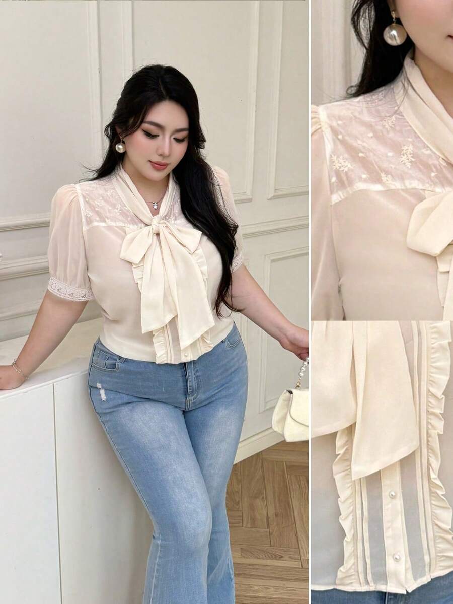 Vibekara Vintage French Elegant Romantic Lace Embroidered Bowknot Short Sleeve Blouse For Women - Apricot - View 1