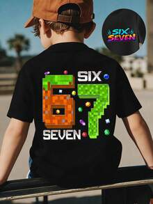 男童像素遊戲寶石生日 T-shirt，閃電波數字 67 圖案印花短袖上衣，休閒夏季舒適日常穿著 - 黑色 - 查看 3