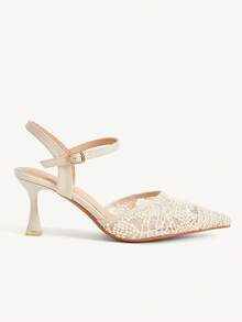 CUCCOO CHICEST Tacones altos elegantes de fiesta y banquete con puntera puntiaguda, correa de tobillo, malla bordada en color albaricoque, cómodos y transpirables - Albaricoque - Ver 4