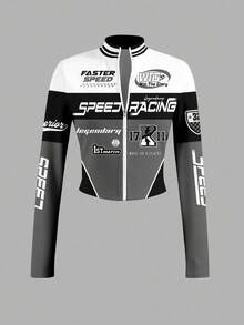 Slaydiva 简约休闲女式秋冬弹力豹纹T恤，半领拉链，V领，紧身长袖 - E - 灰色 - 查看 1