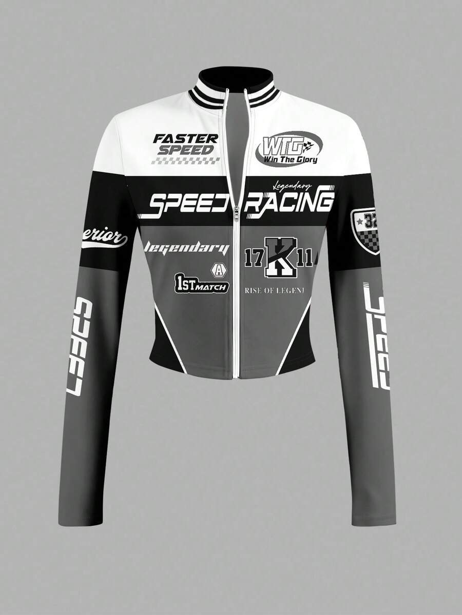 Slaydiva 简约休闲女式秋冬弹力豹纹T恤，半领拉链，V领，紧身长袖 - E - 灰色 - 查看 1