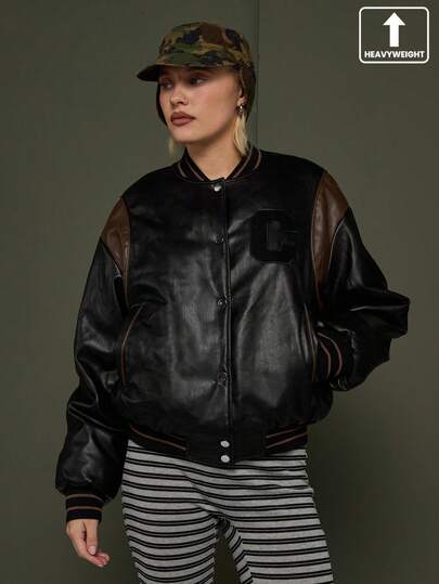 COUREZ Faux Leather Oversized Bomber Jacket With Collegiate Graphic/ Y2K Spring Oversized Streetwear Black Jacket Going Out Festivals Party