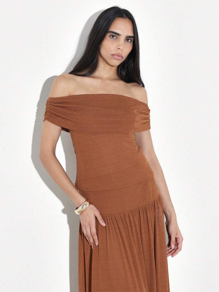 KSTM Women's Off Shoulder Rust Brown Gathered Bardot Top With Ruched Detailing And Flowing Tiered Hem For Fall Autumn Fashion