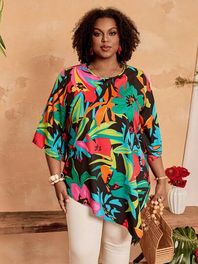 EMERY ROSE Plus Size Women Asymmetric Printed Shirt,Vacation Outfits Women,Casual Blouses For Women,Holiday Outfits For Women ,Summer Outfit For Women ,Spring Outfit Women