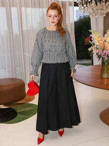 Gretanique 秋冬季优雅暖棕色百褶A字裙，修身剪裁，腰带点缀，独特设计感女裙 - 黑色 - 查看 1