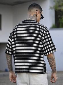 Devon Thys Camiseta casual de manga corta de cuello redondo con estampado de rayas para hombre, verano - Blanco y Negro - Ver 2