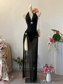 INAWLY 优雅修身V领挂脖连体泳衣，搭配高开衩长裙，性感沙滩泳池泳装 - 黑色 - 查看 1