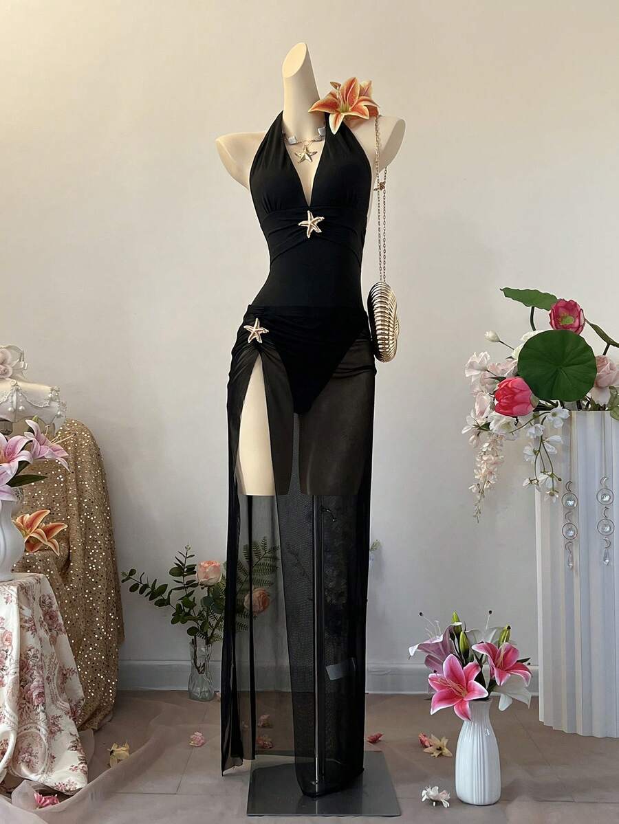 INAWLY 优雅修身V领挂脖连体泳衣，搭配高开衩长裙，性感沙滩泳池泳装 - 黑色 - 查看 1