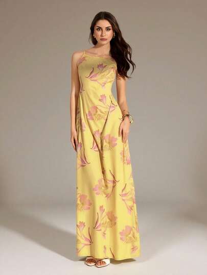 SHEIN Tall Women's Solid Color Casual Spaghetti Strap Backless Floral Print Loose Hawaiian Holiday Vacation Sundress, Butter Yellow