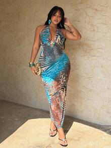 Rustia Plus Size Elegant Deep V Starfish Metal Decor Leopard Rose Mesh Long Dress, Suitable For Spring/Summer Vacation - Multicolor - View 6