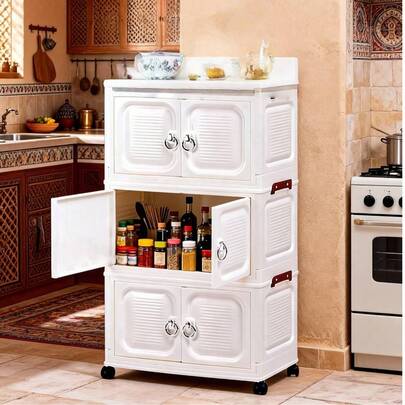 One 38cm/14.961in Folding Storage Cabinet, 1-5 Layers Available, Thickened Double-Door Storage Cabinet With Wheels, Household No-Installation Shelf, Plastic Folding Storage Cabinet For Organizing Clothes And Toys.
