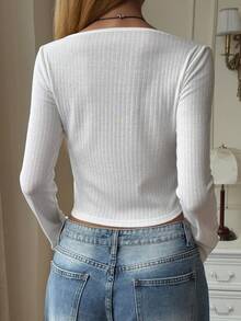 DAZY 女士深V领长袖开襟休闲街头风T恤 - 白色 - 查看 3