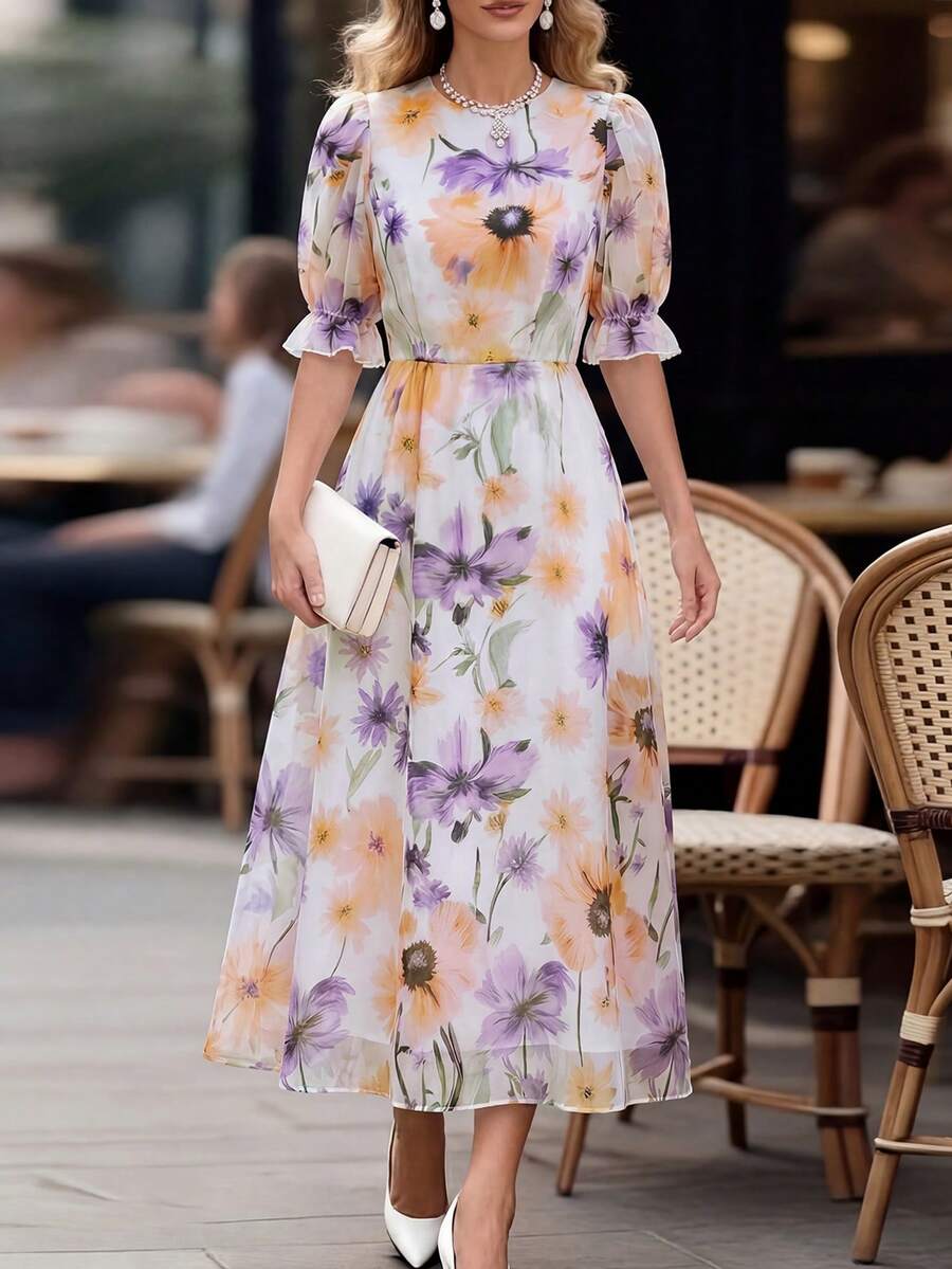 Balvessa French Print Loose Sleeve Elastic Cuff Waist Drape Flowy Dress For Women - Multicolor - View 1