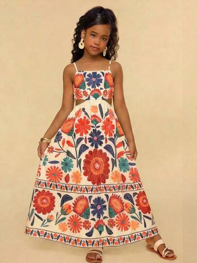 Travachic KIDS Tween flickor blommig ärmlös sommarklänning