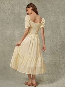 WESTFADE Yellow Elegant Summer Tea Party Twist Front Ruched Short Puff Sleeve Fit & Flare Embroidered Chiffon Midi Dress,Boho Casual Vacation Beach Resort Wear - White - View 5