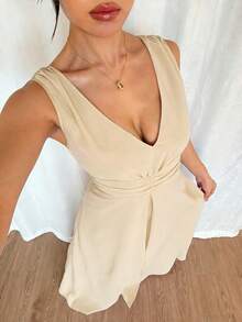 Rafferiza 优雅V领褶裥腰身珍珠雪纺阔腿连体裤，适合婚礼宾客穿着，紫色 - 駝色 - 查看 5