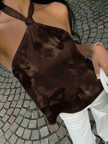 SHEIN EZwear 休闲简约度假波西米亚风优雅浪漫复古棕色扎染水彩印花上衣，适合音乐节、海滩装扮、度假穿着、夏季女装 - 彩色 - 查看 6