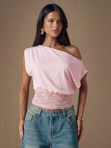 SHEIN BAE Áo kiểu nữ màu đen dệt kim phối ren, vai lệch, thời trang, thích hợp cho mùa Thu/Đông. - Màu Hồng  San hô - Xem 4