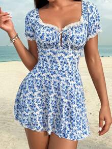 Swim Lushoire Vestido de traje de baño con tirantes finos, volantes y abertura frontal con lazo para mujer Swim Lushore-D, para primavera/verano - Multicolor - Ver 4