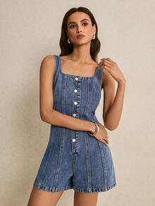 Quần yếm và áo liền quần denim dáng ôm thoải mái dành cho nữ - Rửa tối - Xem 5