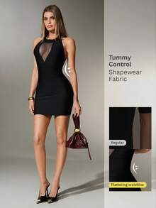 Nuvra 女士性感露背纯色粗肩带束身罗纹绷带连衣裙，适合派对穿着 - 黑色 - 查看 1