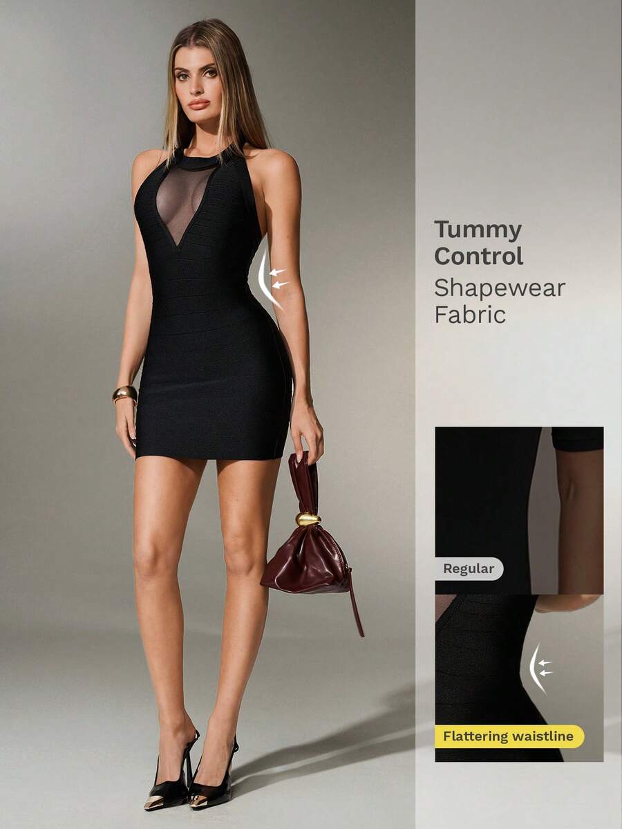 Nuvra 女士性感露背纯色粗肩带束身罗纹绷带连衣裙，适合派对穿着 - 黑色 - 查看 1