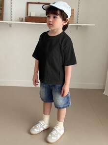 Hapijoa 男童休闲日常通勤简约纯色落肩宽松黑色T恤，夏季 - 黑色 - 查看 7