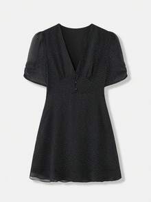 lacRébo Đầm sơ mi họa tiết chấm bi nhỏ, cổ chữ V sâu. - màu đen - Xem 9