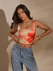 SHEIN Glamour Beige Summer Chic Night Out Flower Printing Square Neck Sleeveless Top,Women Birthday Party Must Have,Streetwear Casual Knit Spring Top - Multicolor - View 6