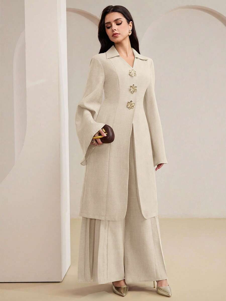 Veilorie Bộ đồ nữ màu trơn gồm áo dài tay và quần dài (2 món) - Màu be - Xem 1