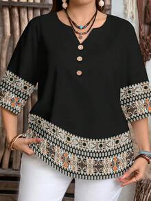 EMERY ROSE Plus Size Casual Minimalist Shirt, Suitable For Summer - Black - View 5