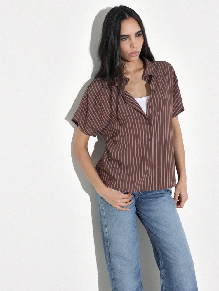 KSTM Women's Brown Vertical Striped Cap Sleeve Button Down Collared Shirt Relaxed Fit Casual Office Blouse Summer Work Top