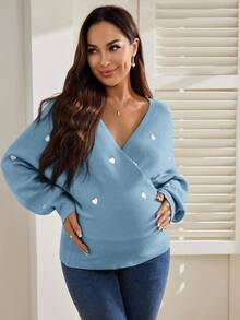 SHEIN 孕妇时尚心形图案蝙蝠袖裹身毛衣 - 藍白色 - 查看 6